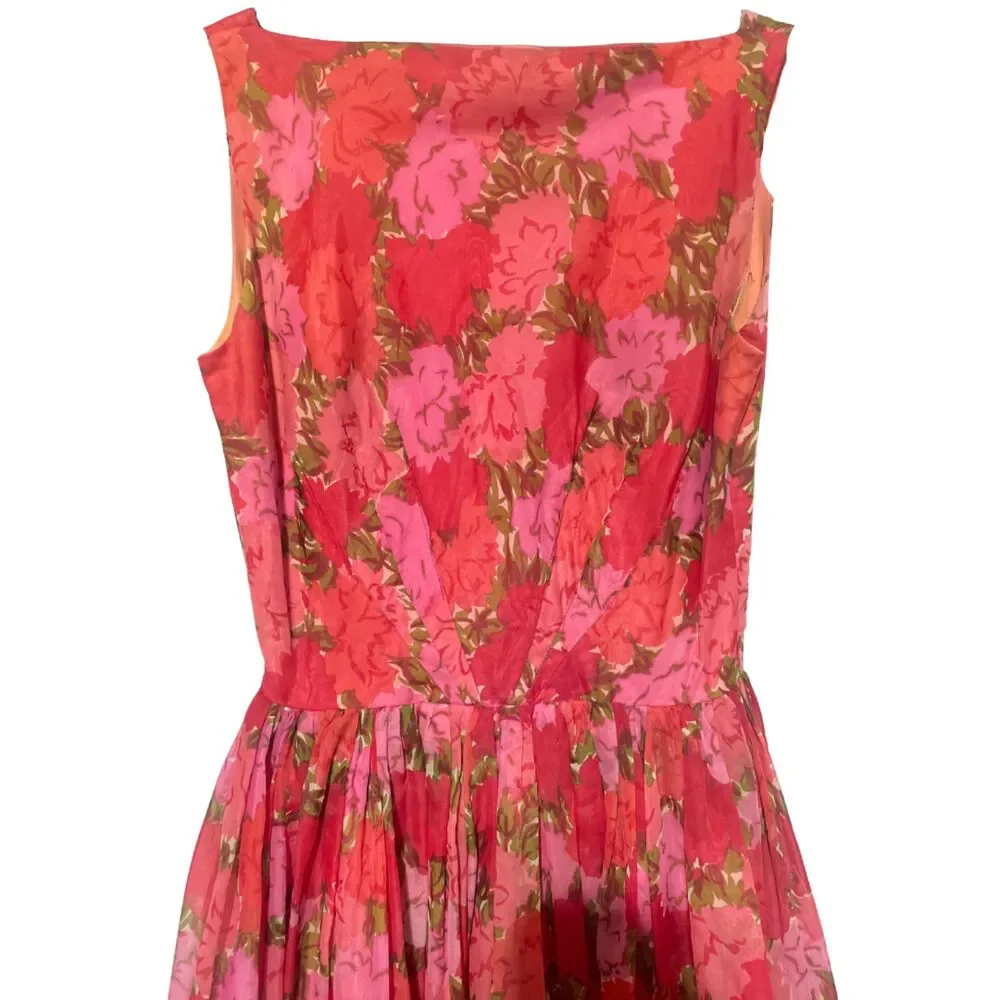 Vintage 1950s Sleeveless Red Pink Floral Swing Dress - Picture 5 of 15